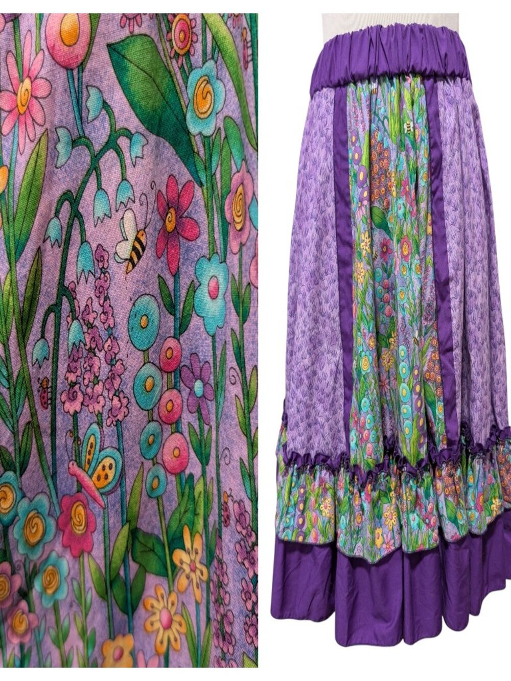 Mondiki Womens Size M/L? Purple Floral Bees Butterfly Ruffle Square Dance Skirt